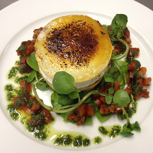 Honey glazed goat’s cheese, toasted English muffin, slow roasted pepper dressing and dressed baby leaves