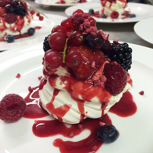 Vanilla and lavender merinque, poached summer fruits and redcurrants