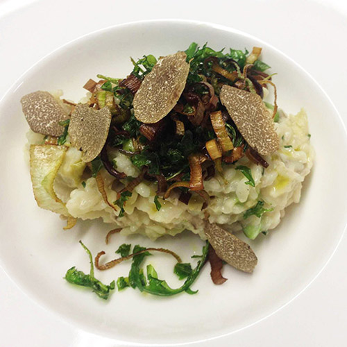 Classic Autumn risotto, charred leeks, parmesan, herbs and black truffle